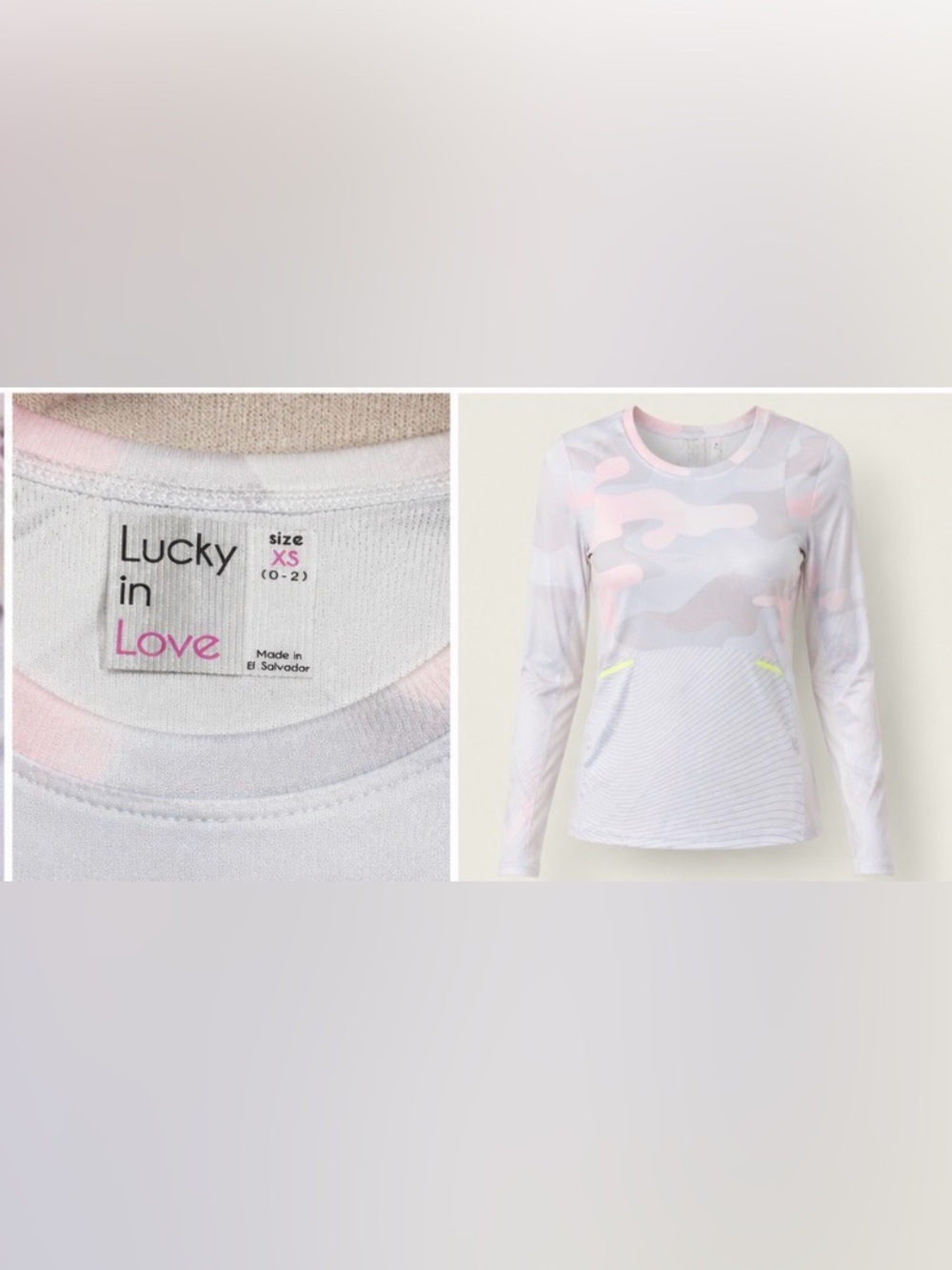 Lucky in Love Tennis Long Sleeve Camo Performance Top XS Pink Gray - Picture 4 of 8
